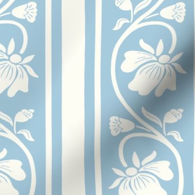 Indian floral stripe with vertical stripe in  French pastel blue and natural white large scale