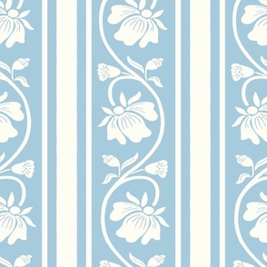 Indian floral stripe with vertical stripe in  French pastel blue and natural white large scale