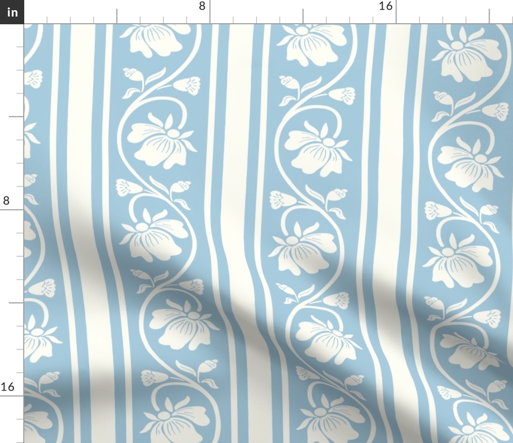 Indian floral stripe with vertical stripe in  French pastel blue and natural white large scale