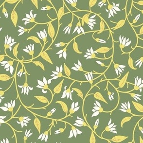 Floral swirl with flowers in natural white and foliage in pale yellow on green