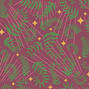 magical meadow ferns in cactus green on dusty rose with sunray yellow
