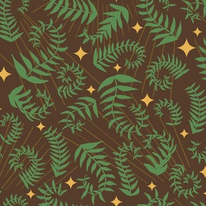 magical meadow ferns in kelly green on nut brown