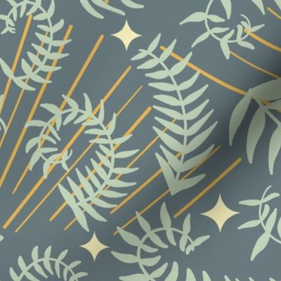magical meadow ferns in pastel green dark brown with sunray yellow on slate blue