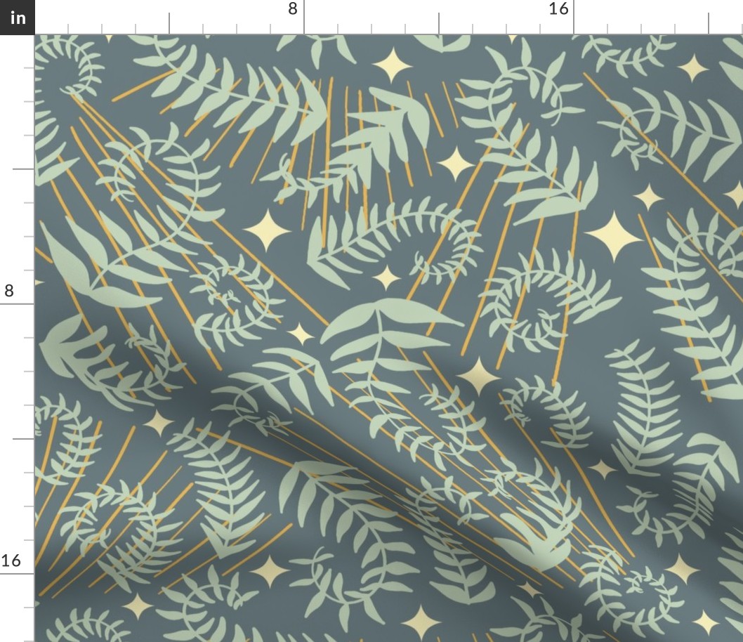 magical meadow ferns in pastel green dark brown with sunray yellow on slate blue