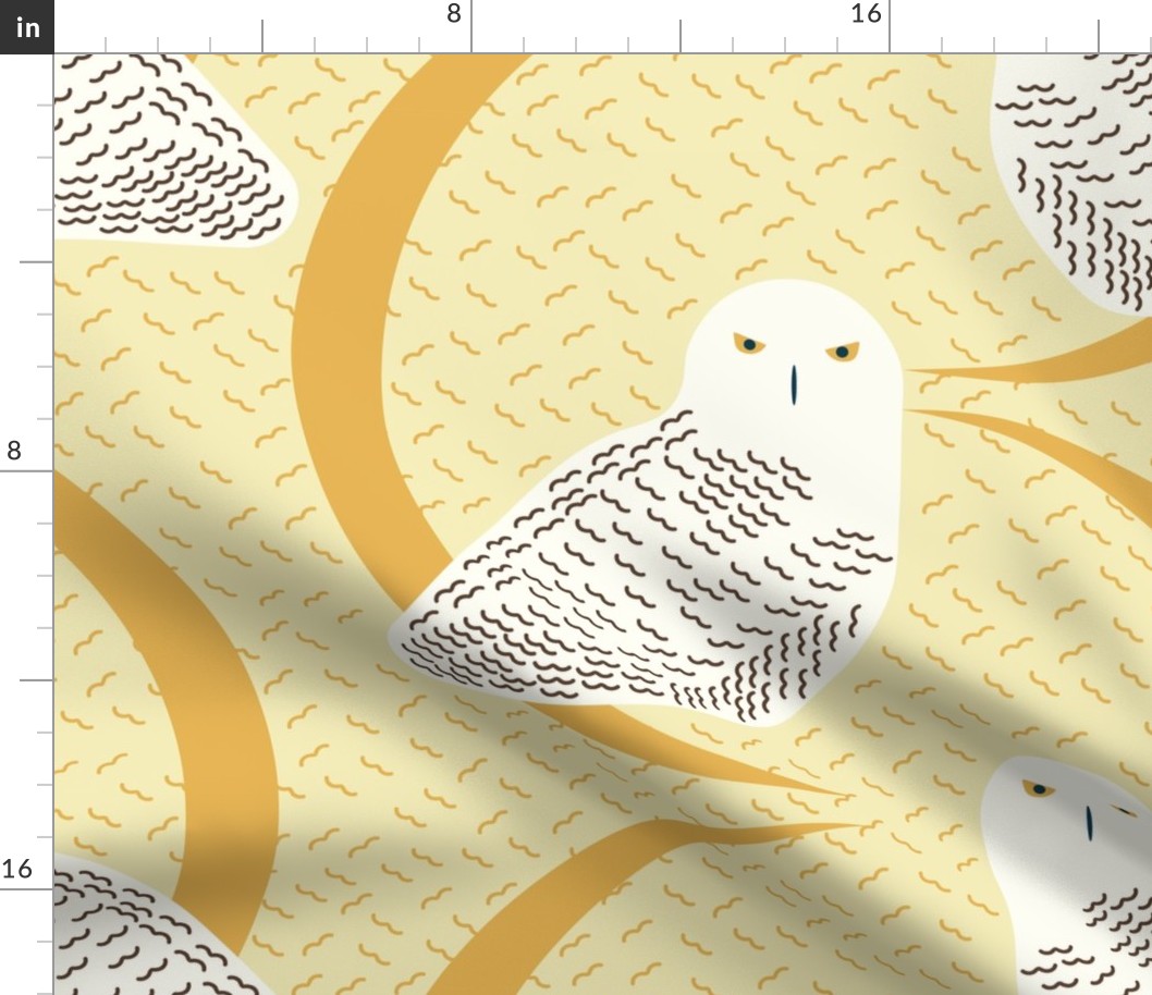 snowy owls and crescent moons on butter yellow
