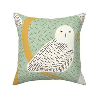 snowy owls and crescent moons on pastel green