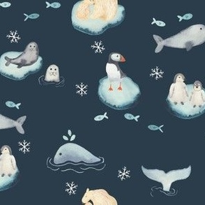 Medium watercolor Arctic animals on ice bergs on dark navy blue featuring polar bears, puffins, penguins, seals and a narwhal, for kids and baby