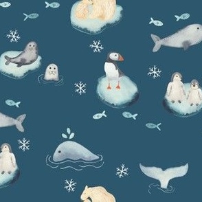 Medium watercolor Arctic animals on ice bergs on dark teal blue featuring polar bears, puffins, penguins, seals and a narwhal,  for kids and baby