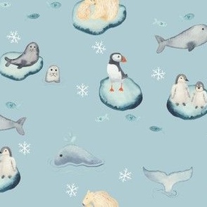 Medium watercolor Arctic animals on ice bergs on light pastel blue featuring polar bears, puffins, penguins, seals and a narwhal, for kids and baby