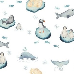 Medium watercolor Arctic animals on ice bergs on snow white featuring polar bears, puffins, penguins, seals and a narwhal,  for kids and baby