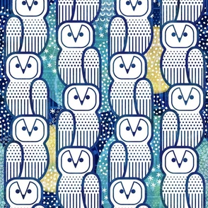 Wide Awake Owls- Midcentury Geometric Indigo Blue Owl- Pattern Clash- Kids Wallpaper- Novelty Gender Neutral Playroom- Navy Blue and Yellow Birds of Prey- Medium