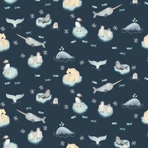 Small watercolor Arctic animals on ice bergs on dark navy blue featuring polar bears, puffins, penguins, seals and a narwhal, for kids and baby