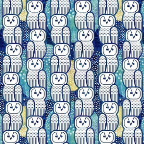 Wide Awake Owls- Midcentury Geometric Indigo Blue Owl- Pattern Clash- Kids Wallpaper- Novelty Gender Neutral Playroom- Navy Blue and Yellow Birds of Prey- Small