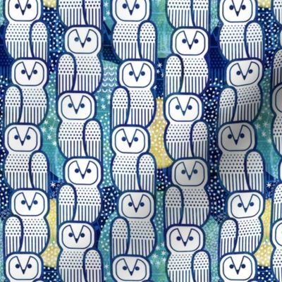 Wide Awake Owls- Midcentury Geometric Indigo Blue Owl- Pattern Clash- Kids Wallpaper- Novelty Gender Neutral Playroom- Navy Blue and Yellow Birds of Prey- sMini