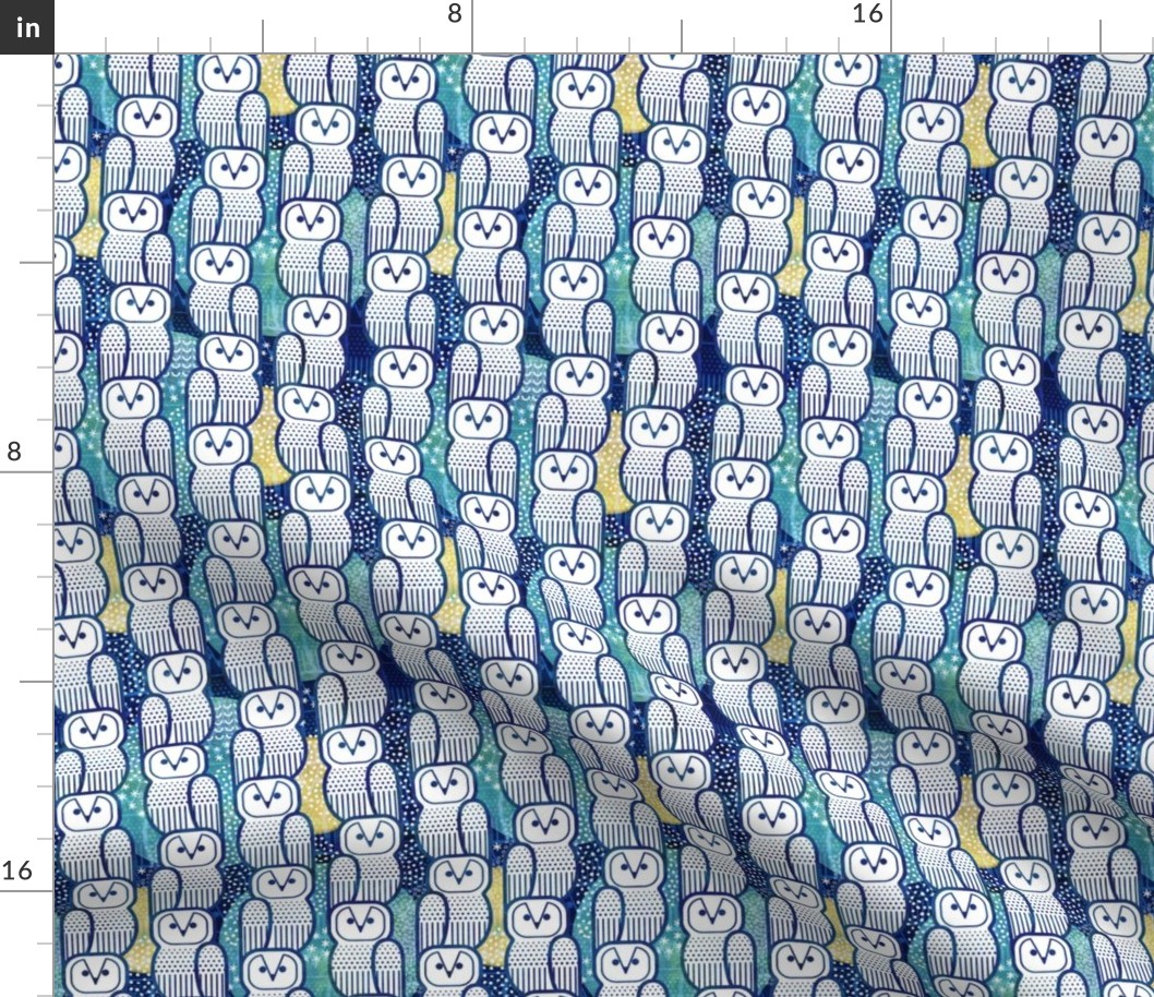 Wide Awake Owls- Midcentury Geometric Indigo Blue Owl- Pattern Clash- Kids Wallpaper- Novelty Gender Neutral Playroom- Navy Blue and Yellow Birds of Prey- sMini