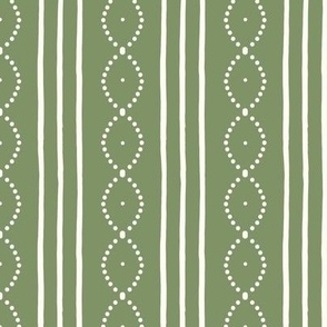 Classic Vintage hand-drawn stripes with curving dots in leaf green and natural white