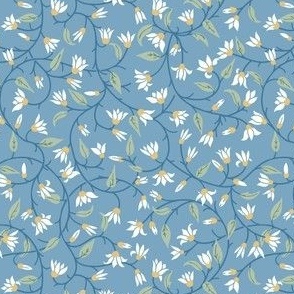 Indie flora swirl in Classic soft Chintz green, gold, French blue and white small scale for quilting and dressmaking