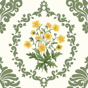 Buttercup watercolor bouquet in simple Damask  leaf green on natural white
