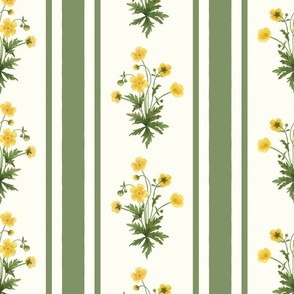 Floral  stripe and vertical stripe with yellow buttercups in leaf green on natural white