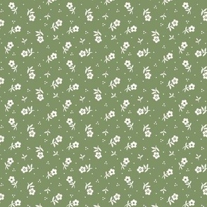 Small flowers scattered Vintage fabric  in green and natural white 