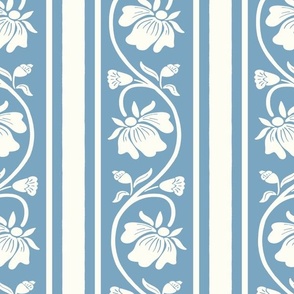 Indian floral stripe and vertical stripes geometric pattern in French blue on natural white