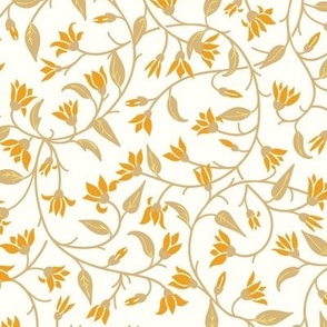  Indie floral swirl in victorian floral non-directional yellow flowers, honey cream foliage and natural white background