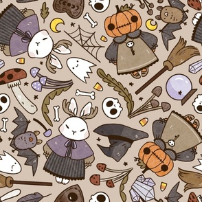 Watercolor Jackalope and Pumpkin Monsters Halloween Pattern in Beige Background