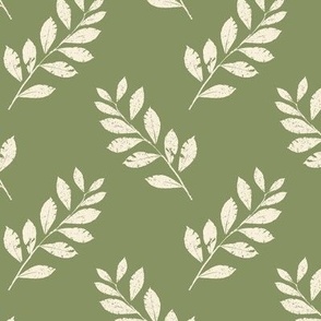 Earthy Cream Laurel Leaves Etched in Herringbone on Artichoke Green 