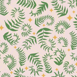 magical meadow ferns in kelly green on piglet pink with sunray yellow