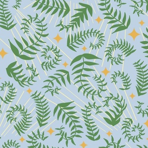 magical meadow ferns in kelly green on fog blue with butter yellow
