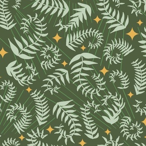 magical meadow ferns in pastel green on cactus green with sunray yellow