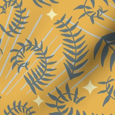 magical meadow ferns in slate blue on sunray yellow