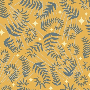 magical meadow ferns in slate blue on sunray yellow