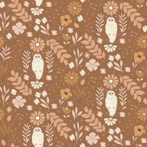 Large Scale // Owls at Night in Flower Garden on Sienna Brown
