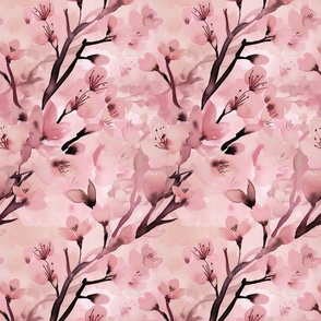 Pastel Pink Japanese Sakura Cherry Blossom Watercolor Pattern  Smaller Scale