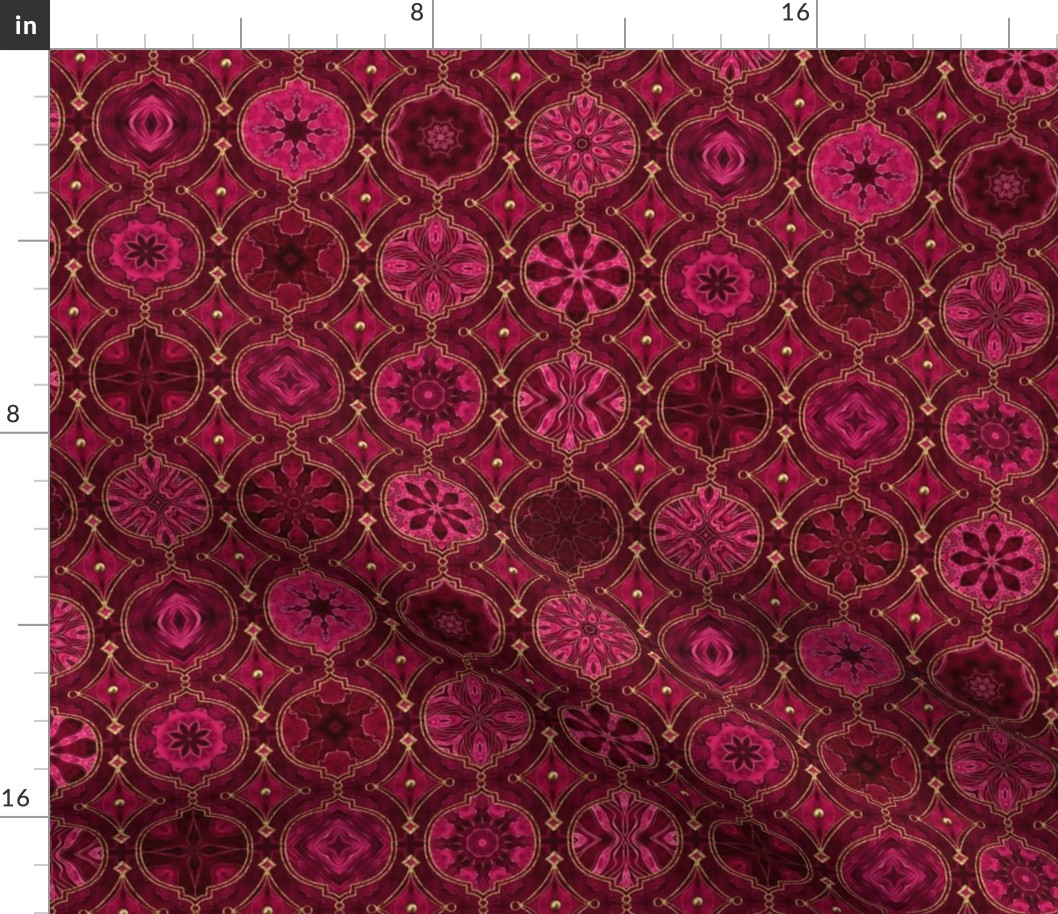 Treasures of Morocco Oriental Tile Design Burgundy Red Pink Gold Smaller Scale