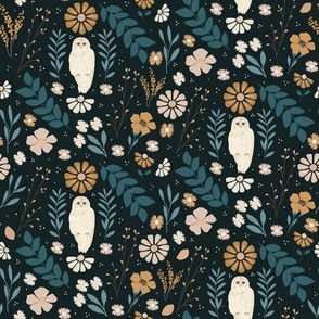 Medium Scale // Owls at Night in Flower Garden on Dark Teal Green
