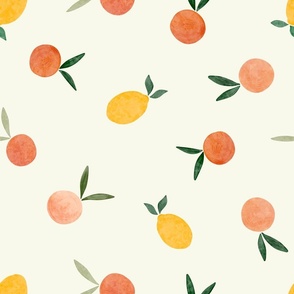 Large scale citrus fruit, oranges and lemons in yellow and orange green on cream