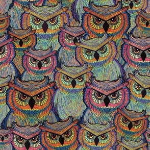 Owls Illustration Pattern with orange blue black and purple