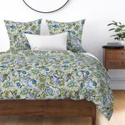050 - Jumbo large scale abstract watercolour cabbage rose in tones of lavender blue, turquoise and olive green, for moody wallpaper, bed linen and tablecloths