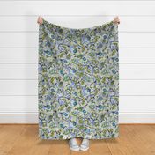 050 - Jumbo large scale abstract watercolour cabbage rose in tones of lavender blue, turquoise and olive green, for moody wallpaper, bed linen and tablecloths