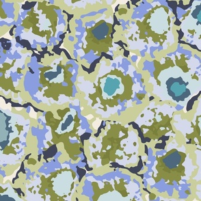 050 - Jumbo large scale abstract watercolour cabbage rose in tones of lavender blue, turquoise and olive green, for moody wallpaper, bed linen and tablecloths