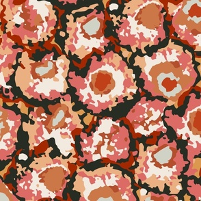 050 - Jumbo large scale abstract watercolour cabbage rose in pinks, charcoal, taupe and burnt orange for moody wallpaper, bed linen and tablecloths