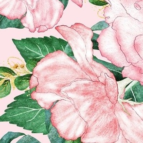 Extra Large Pale Pink and Green Floral 24x24in Roses and Monstera Print