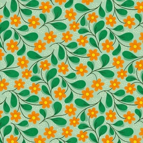 Medium orange daisies on celadon green