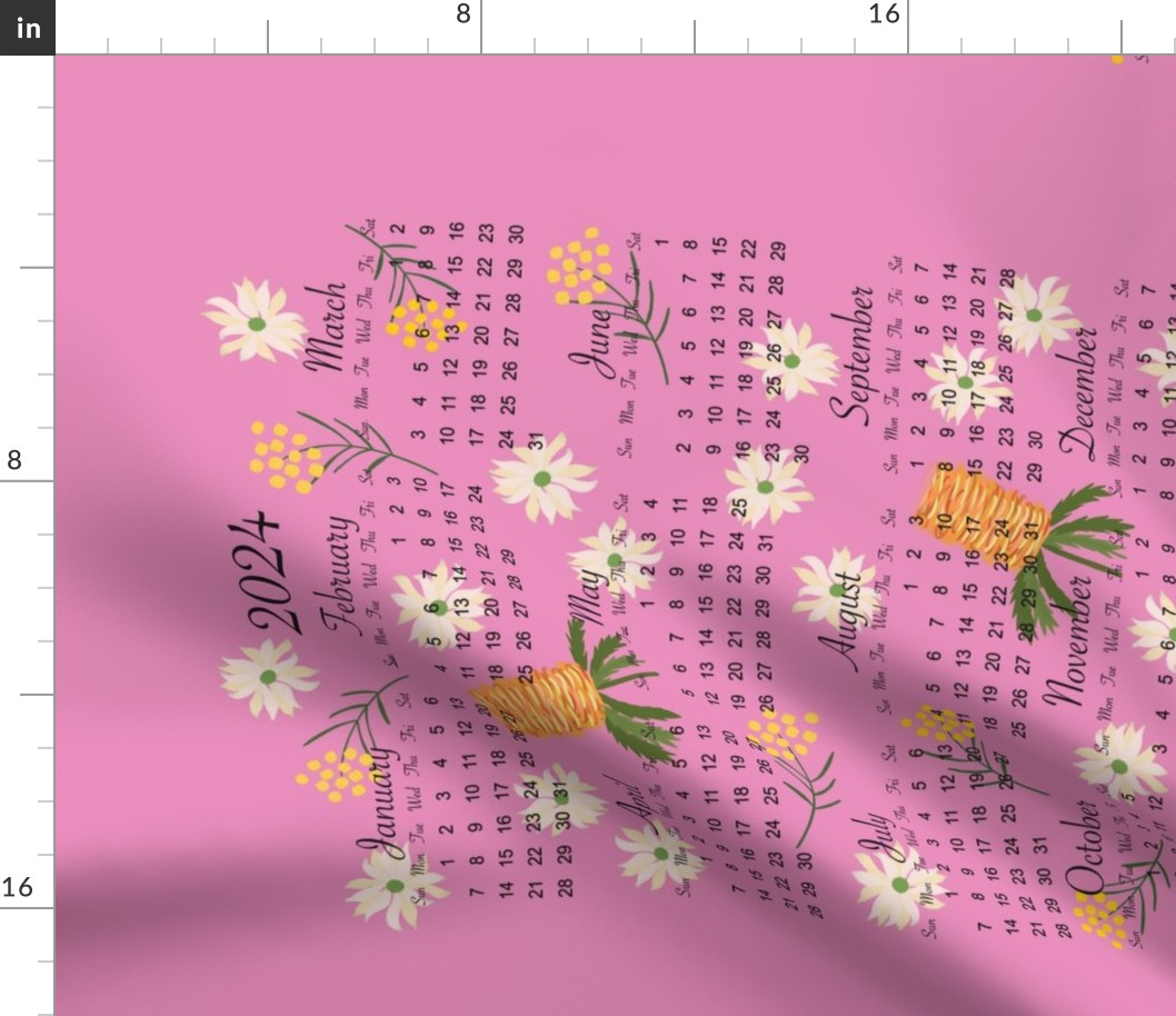 2024 Calendar Tea Towel - Wattle and Flannel Flower - Australian Flowers