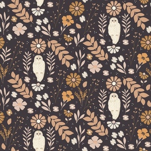 Large Scale // Owls at Night in Flower Garden on Midnight Onyx Blue (Blush and Brown)