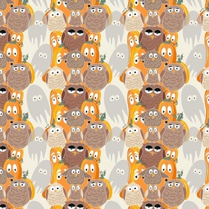 cute owls, funny pumpkins, and sweet ghosts for Halloween in light background  - small scale