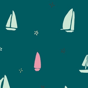 Scattered Cute Little Yacht in Mint Green and Pink (large)
