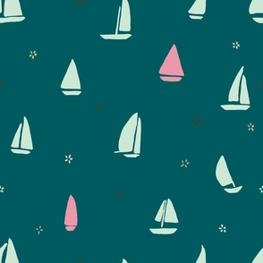 Scattered Cute Little Yacht in Mint Green and Pink (medium)